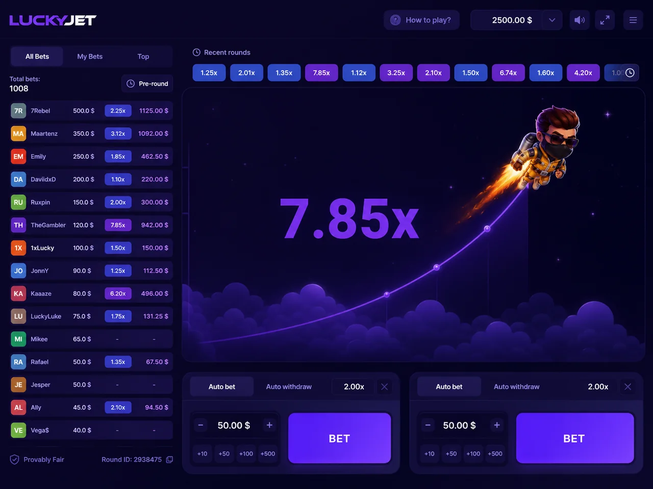 Lucky Joe flying at a live 7.85x multiplier in the Lucky Jet game