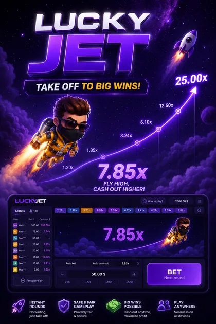 Lucky Jet crash game poster with Lucky Joe, purple multiplier curve and betting controls
