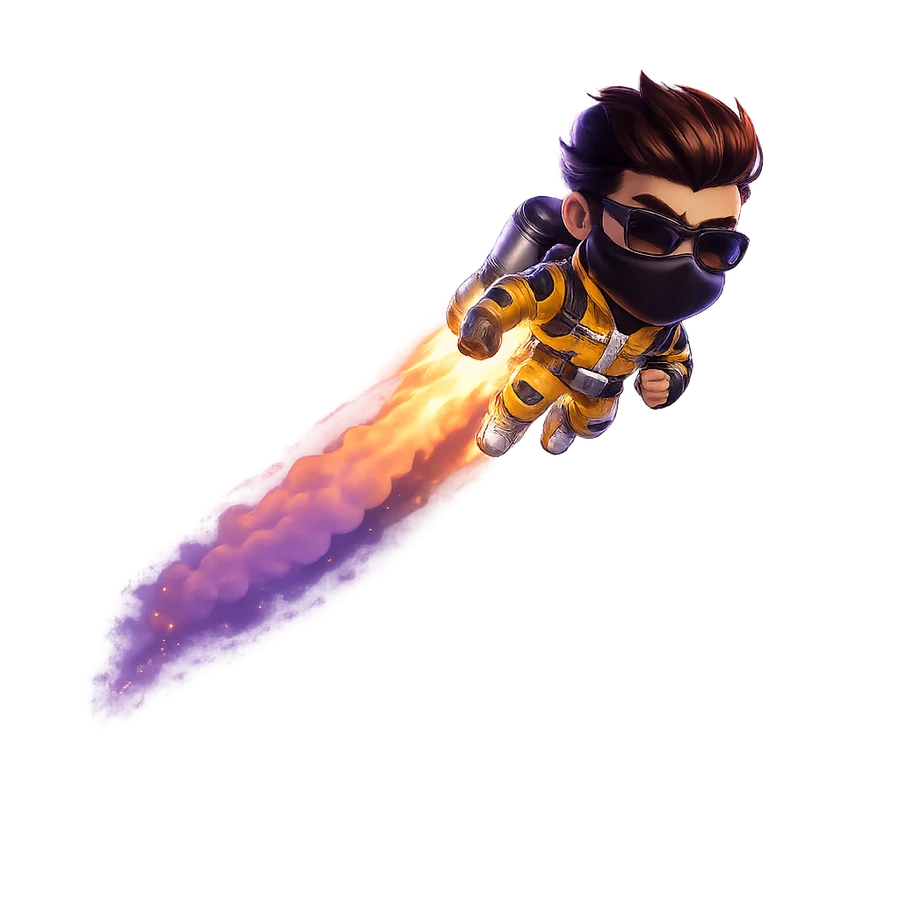Lucky Joe flying with a glowing jetpack trail