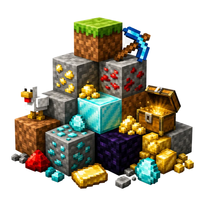 Pixel ore blocks, diamond, gold, pickaxe and treasure chest