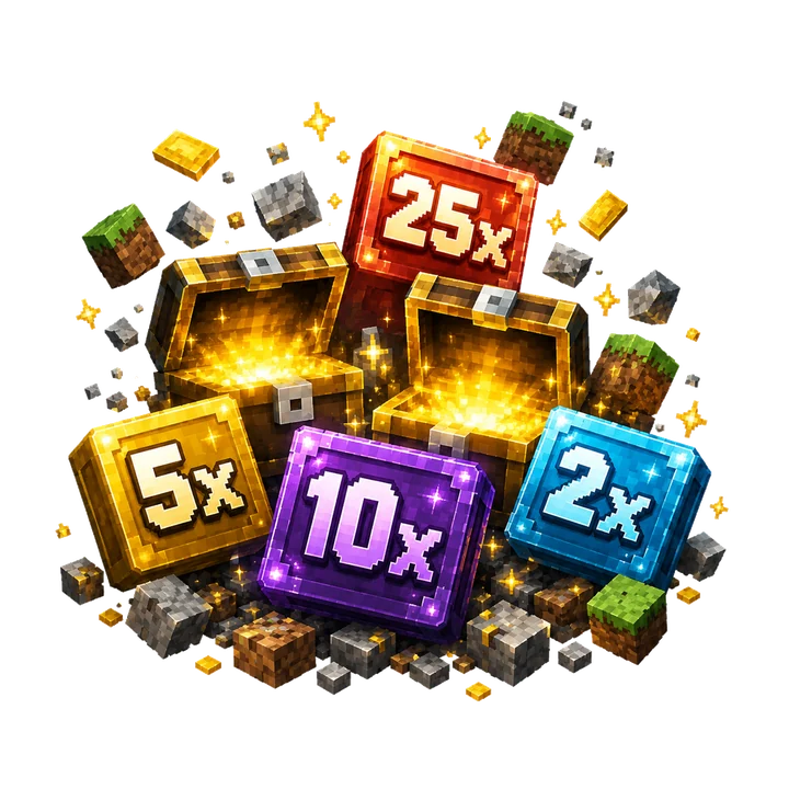 Pixel treasure chests with 2x, 5x, 10x and 25x multiplier signs