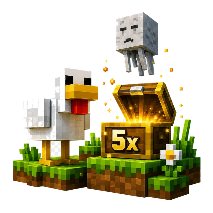 Pixel chicken, floating ghast and glowing 5x chest in the Mine Slot style