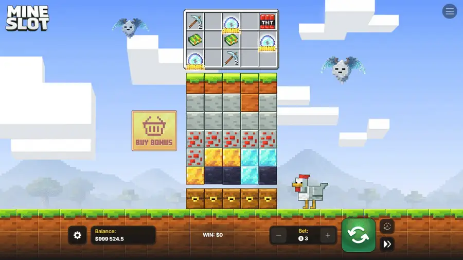 Animated Mine Slot desktop gameplay with pickaxes, blocks and treasure chests