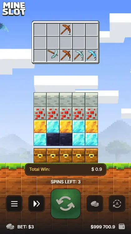 Animated Mine Slot mobile gameplay showing the portrait reel and mine layout