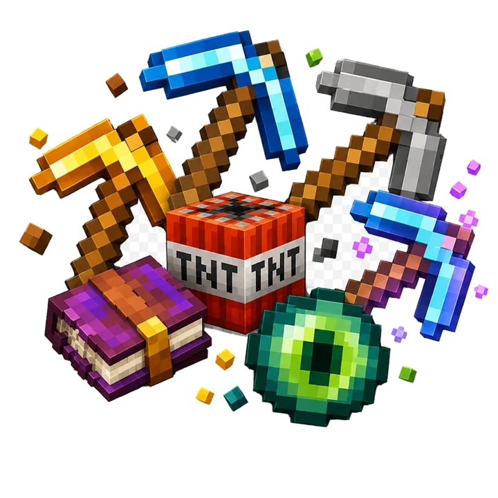 Pixel pickaxes, TNT, enchanted eye and bonus book from the Mine Slot theme