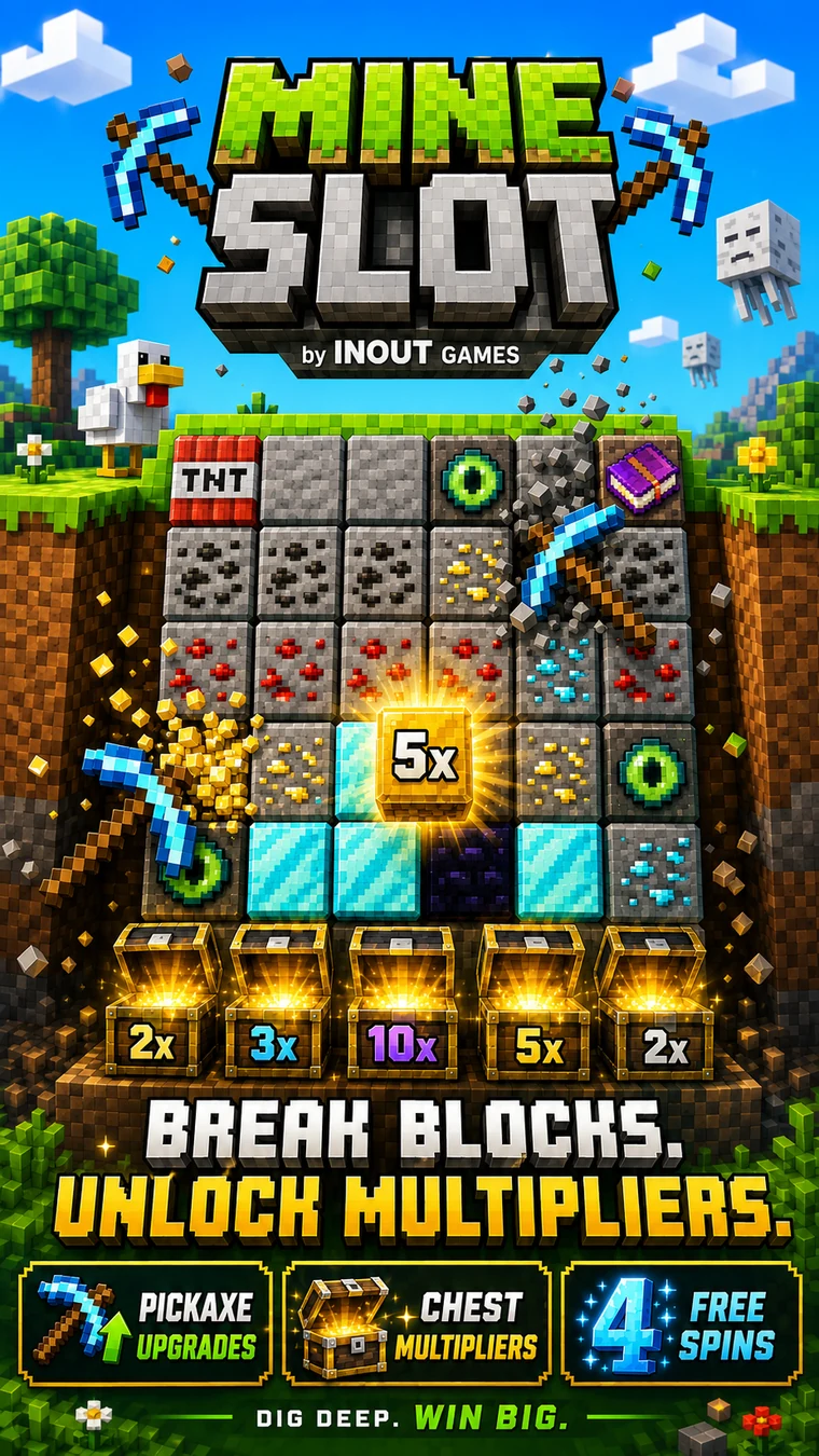 Mine Slot poster with pixel pickaxes, ore blocks, TNT and multiplier chests