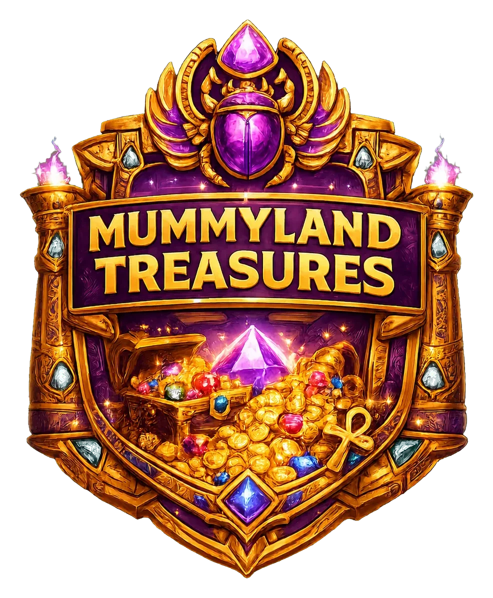 Mummyland Treasures gold and purple title emblem