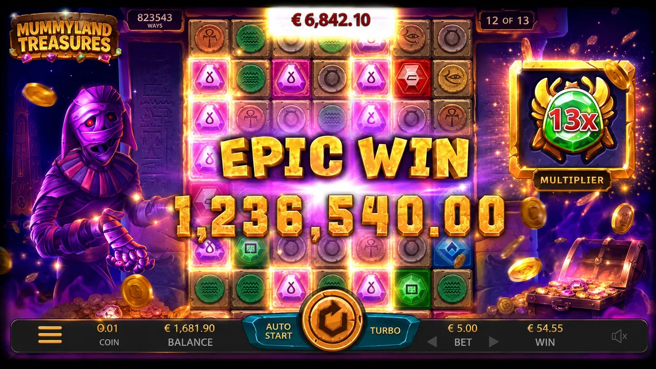 Mummyland Treasures illustrated epic win with a multiplier