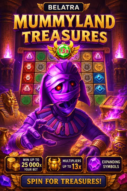 Mummyland Treasures slot poster with a purple mummy and Egyptian treasure grid