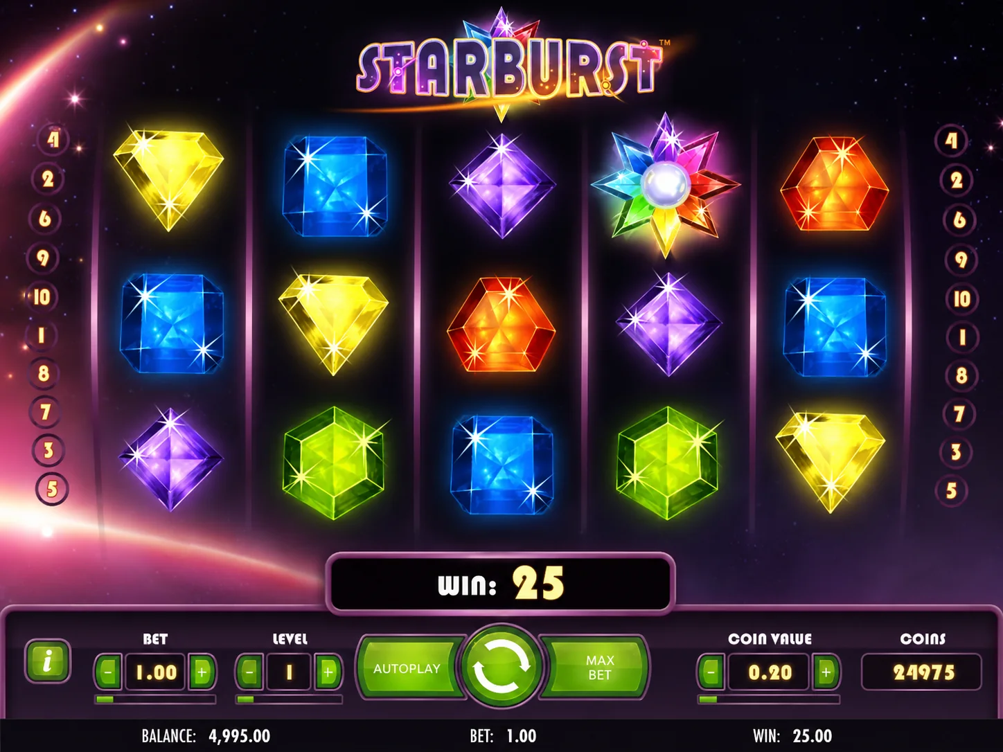 Starburst base game screenshot with five reels, ten payline markers and colourful gems