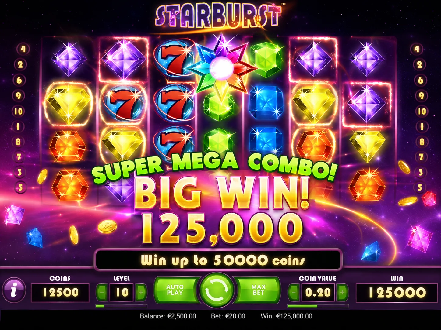 Starburst bright win screenshot with gems, sevens and expanded wild star