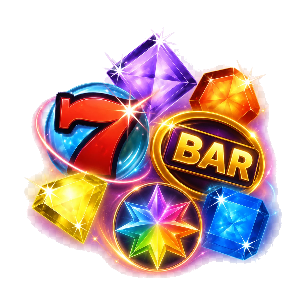 Starburst classic seven, BAR, rainbow wild star and colourful gemstones