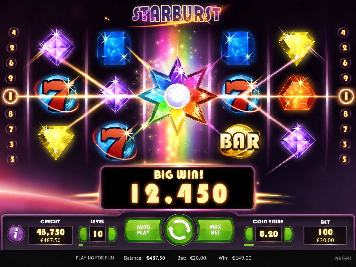 Starburst screenshot with rainbow wild expanding across the centre reel during a respin
