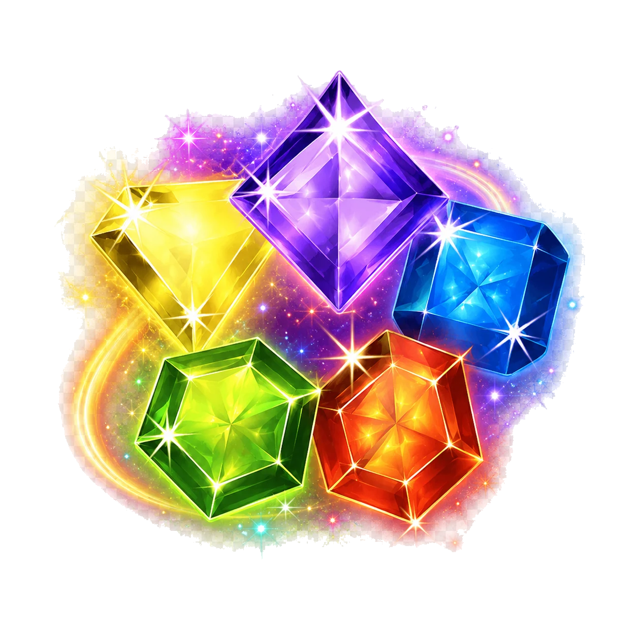 Collection of bright purple, yellow, blue, green and red Starburst gemstones