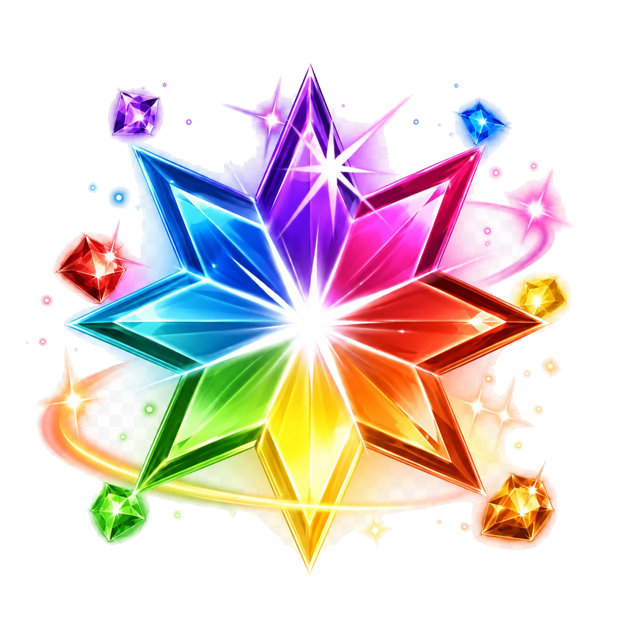 Rainbow Starburst wild star surrounded by colourful gems and light trails