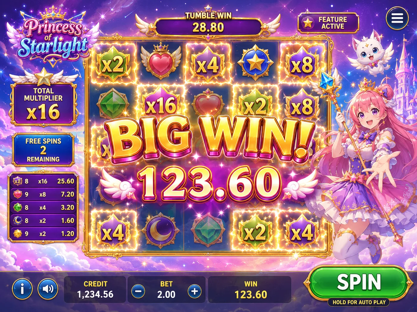 Starlight Princess base game screenshot with tumble grid
