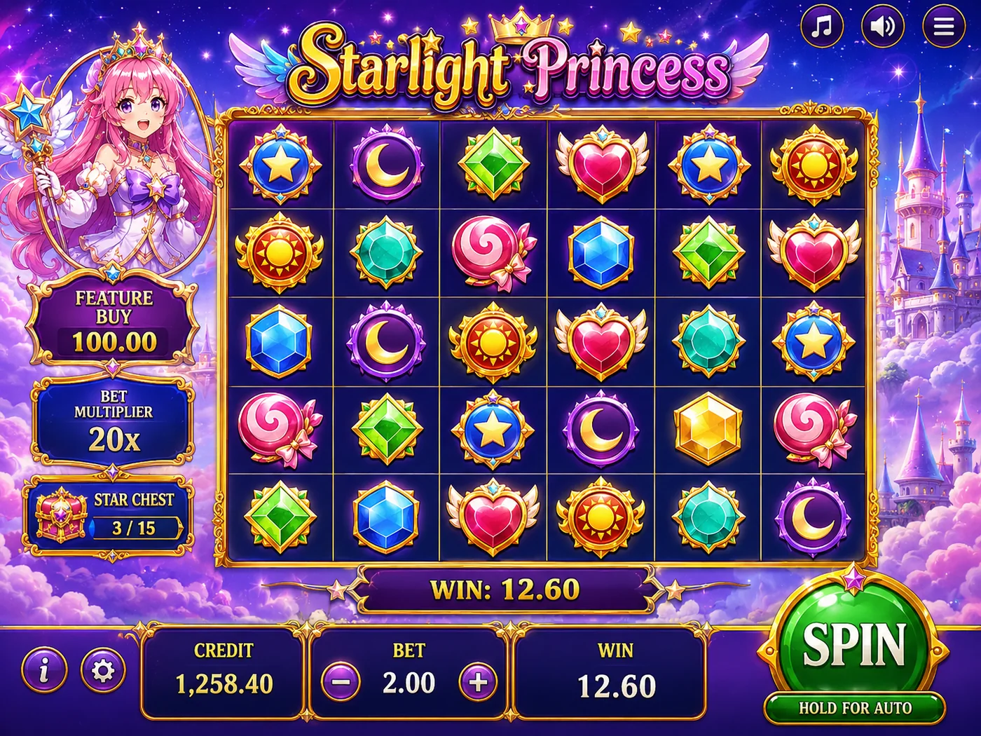 Starlight Princess free spins screenshot with multiplier orbs
