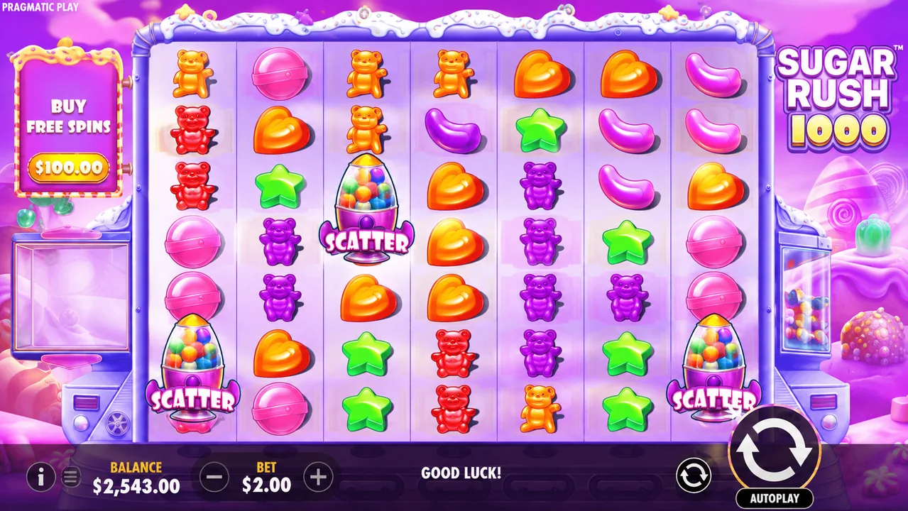Sugar Rush 1000 base game on a 7x7 candy grid