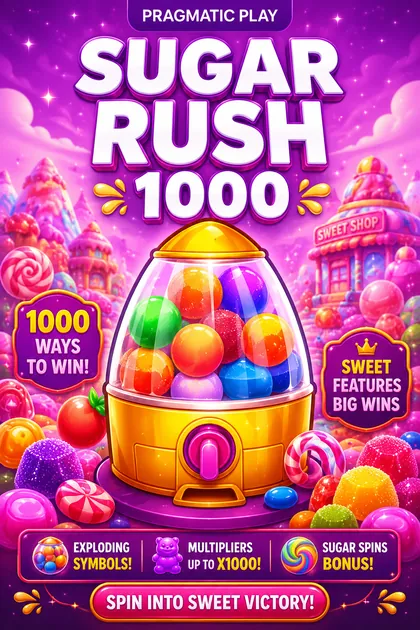 Sugar Rush 1000 slot poster with a gumball machine in a candy world