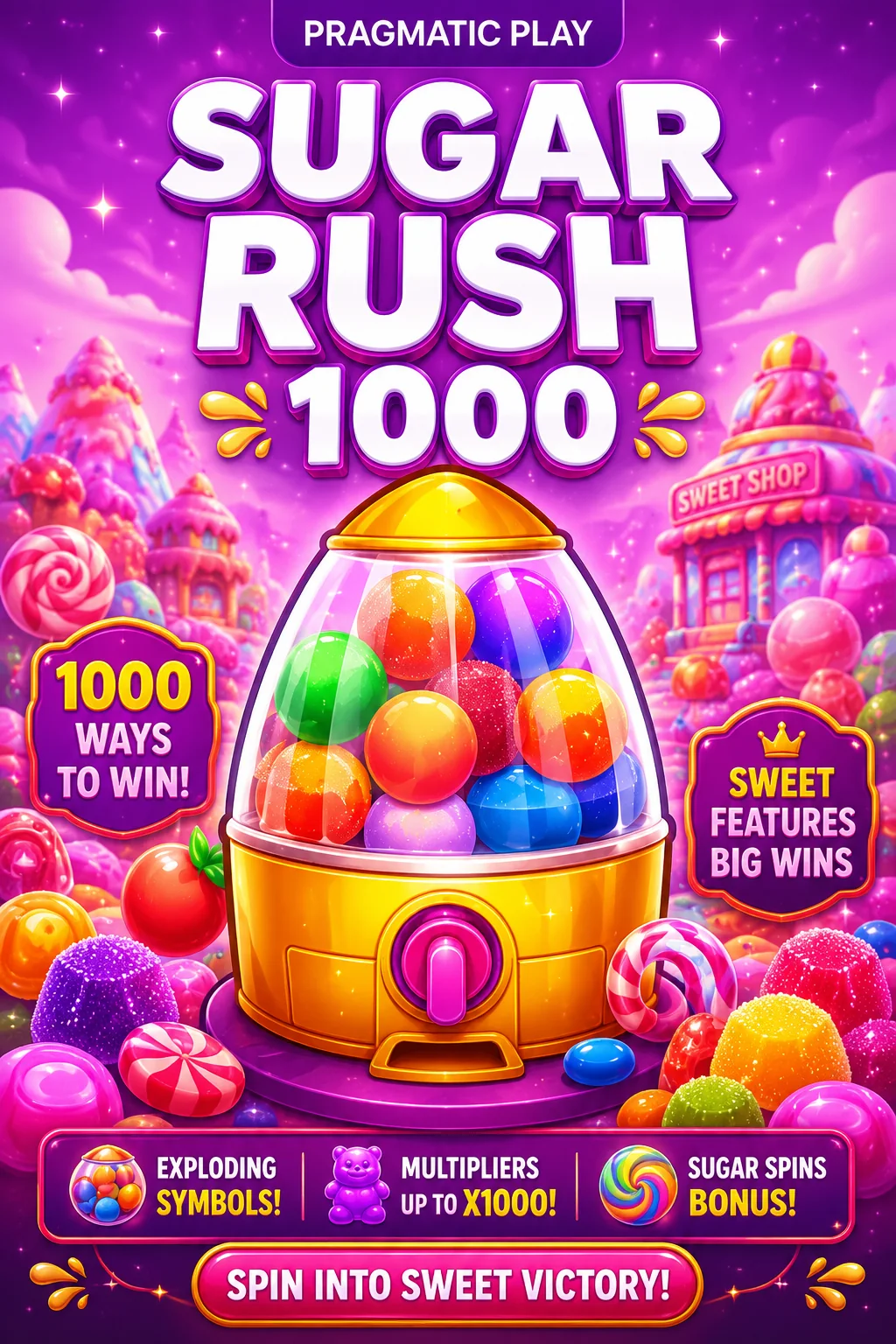 Sugar Rush 1000 slot poster with a gumball machine and candy world