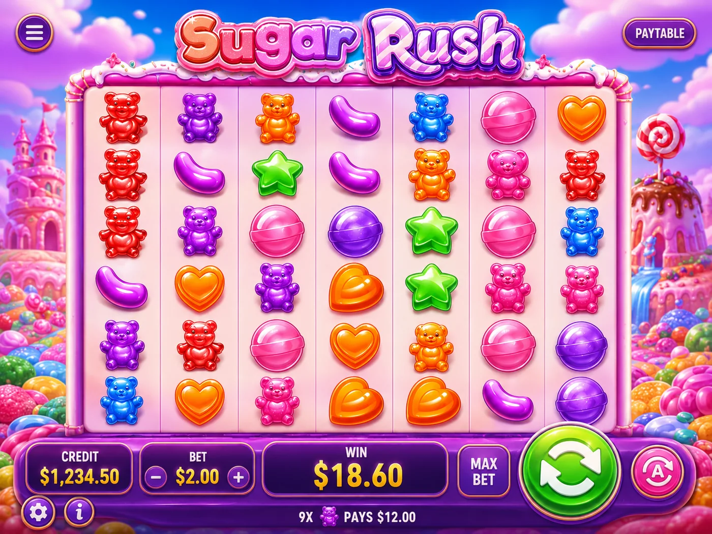 Sugar Rush base-game screenshot with a 7x7 candy symbol grid