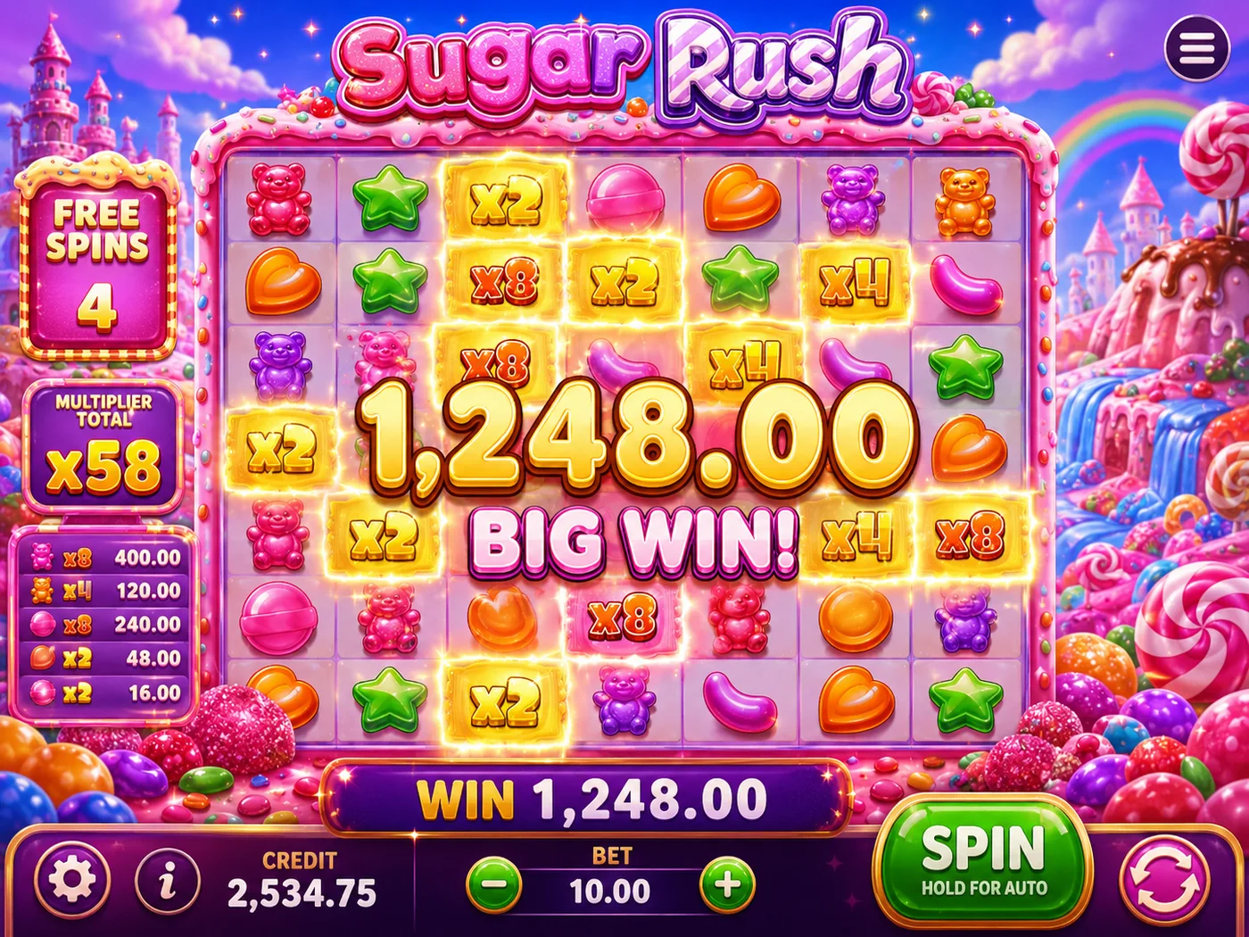 Sugar Rush free-spins screenshot with sticky multipliers and a large tumble win