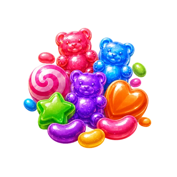 Colorful jelly sweets and gummy bears inspired by Sugar Rush symbols