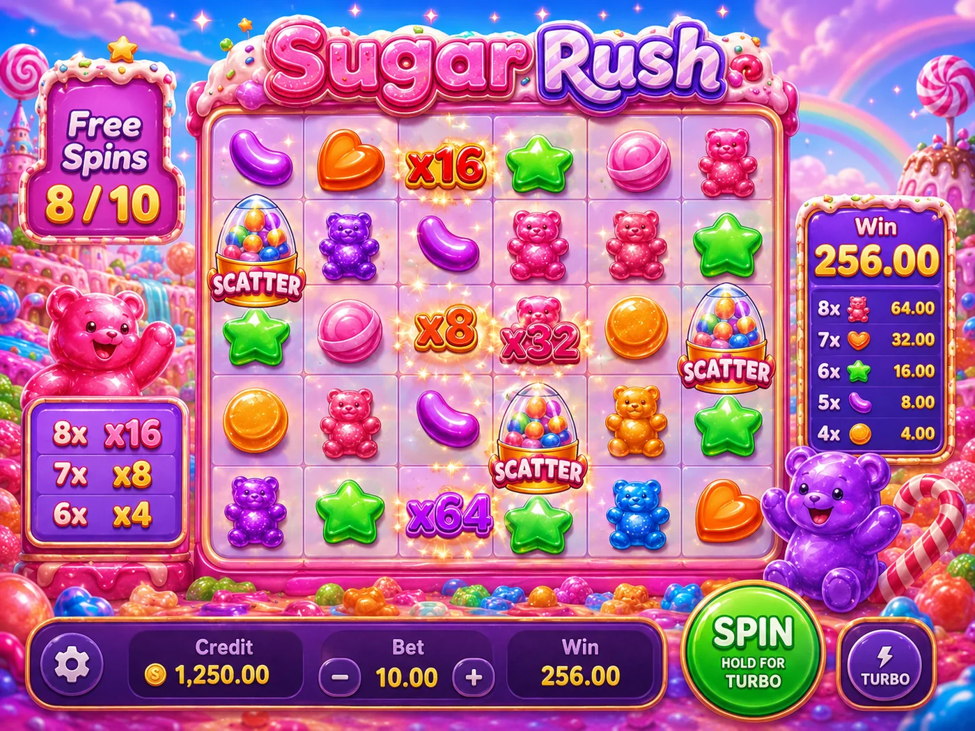 Sugar Rush screenshot showing scatter symbols, remaining free spins and multiplier positions