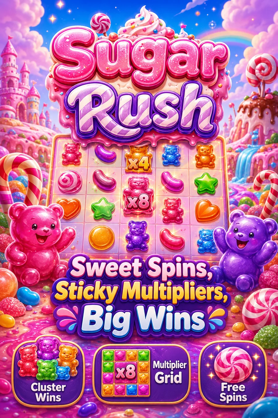 Sugar Rush slot poster with candy symbols, a 7x7 grid and sticky multipliers