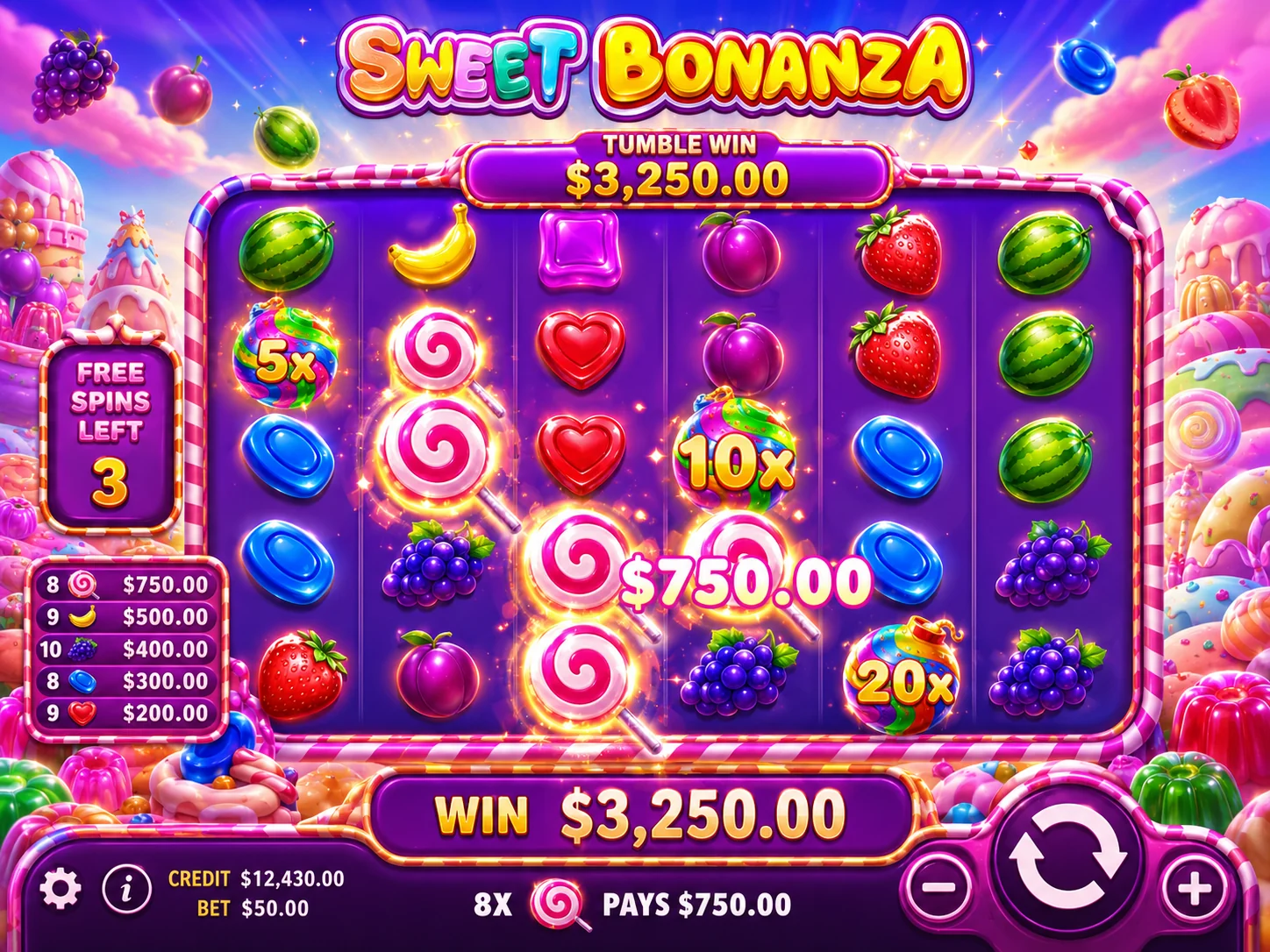 Sweet Bonanza base game screenshot with fruit and candy symbols on a 6x5 grid