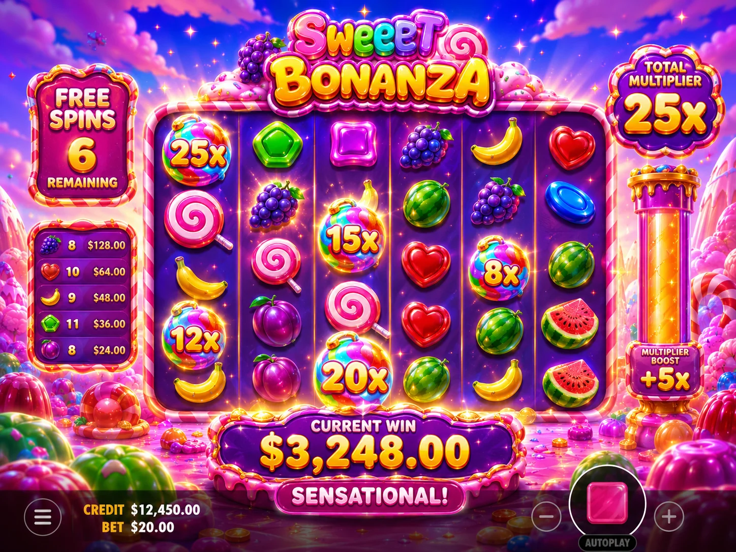 Sweet Bonanza bonus screenshot with total multiplier and multiple candy bomb values