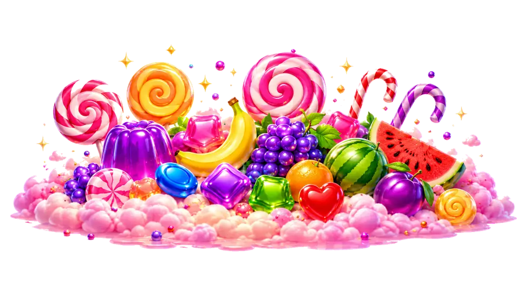 Sweet Bonanza candy cloud banner with fruit, lollipops and jelly symbols