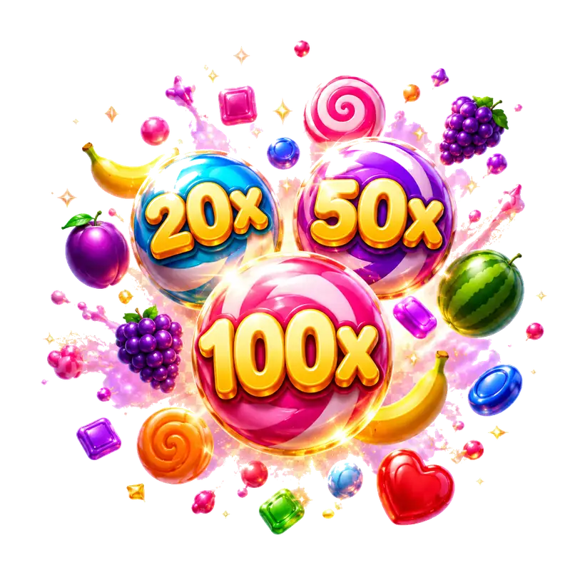 Sweet Bonanza candy bomb multipliers showing 20x 50x and 100x values