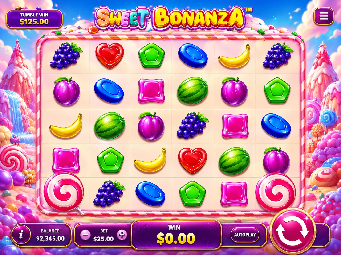 Sweet Bonanza free spins screenshot with lollipop win and candy bomb multipliers