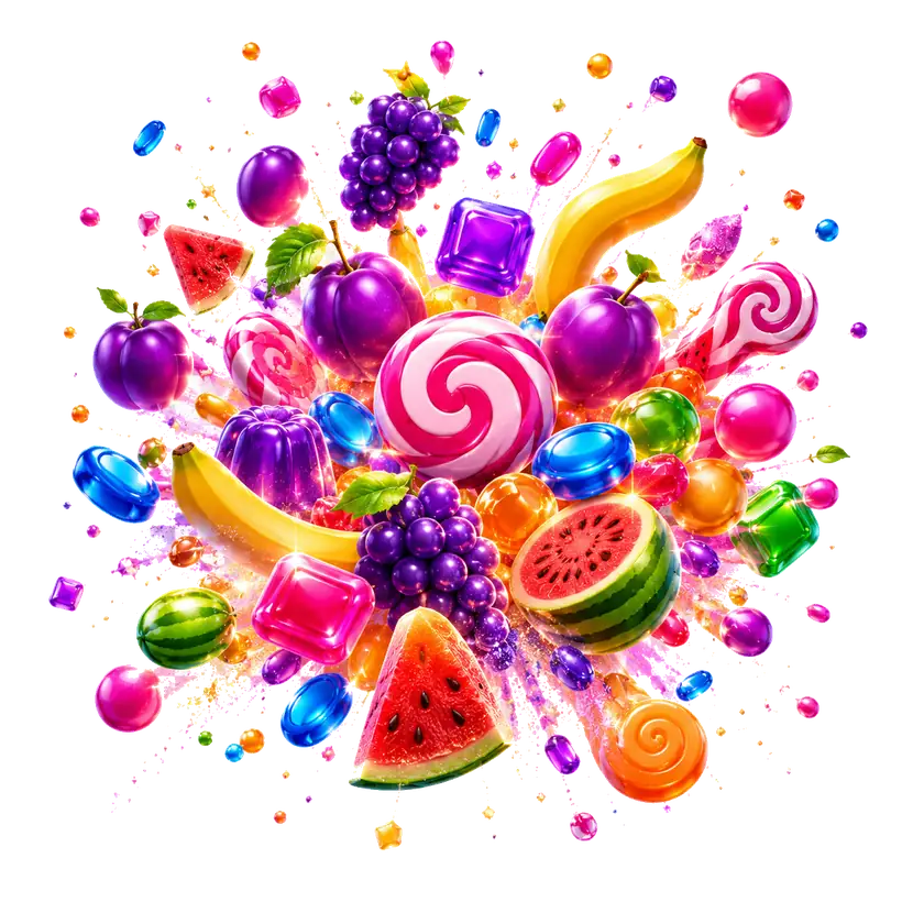 Sweet Bonanza fruit and candy explosion with lollipops, grapes, bananas and jelly symbols