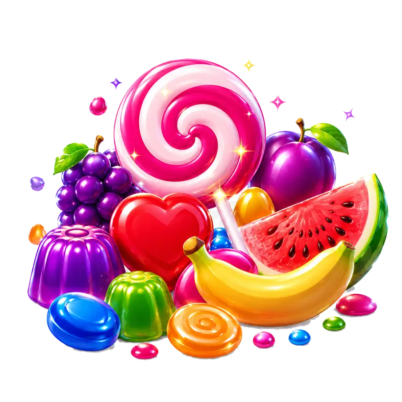 Sweet Bonanza lollipop and fruit symbols with banana, watermelon, grape and jelly candy