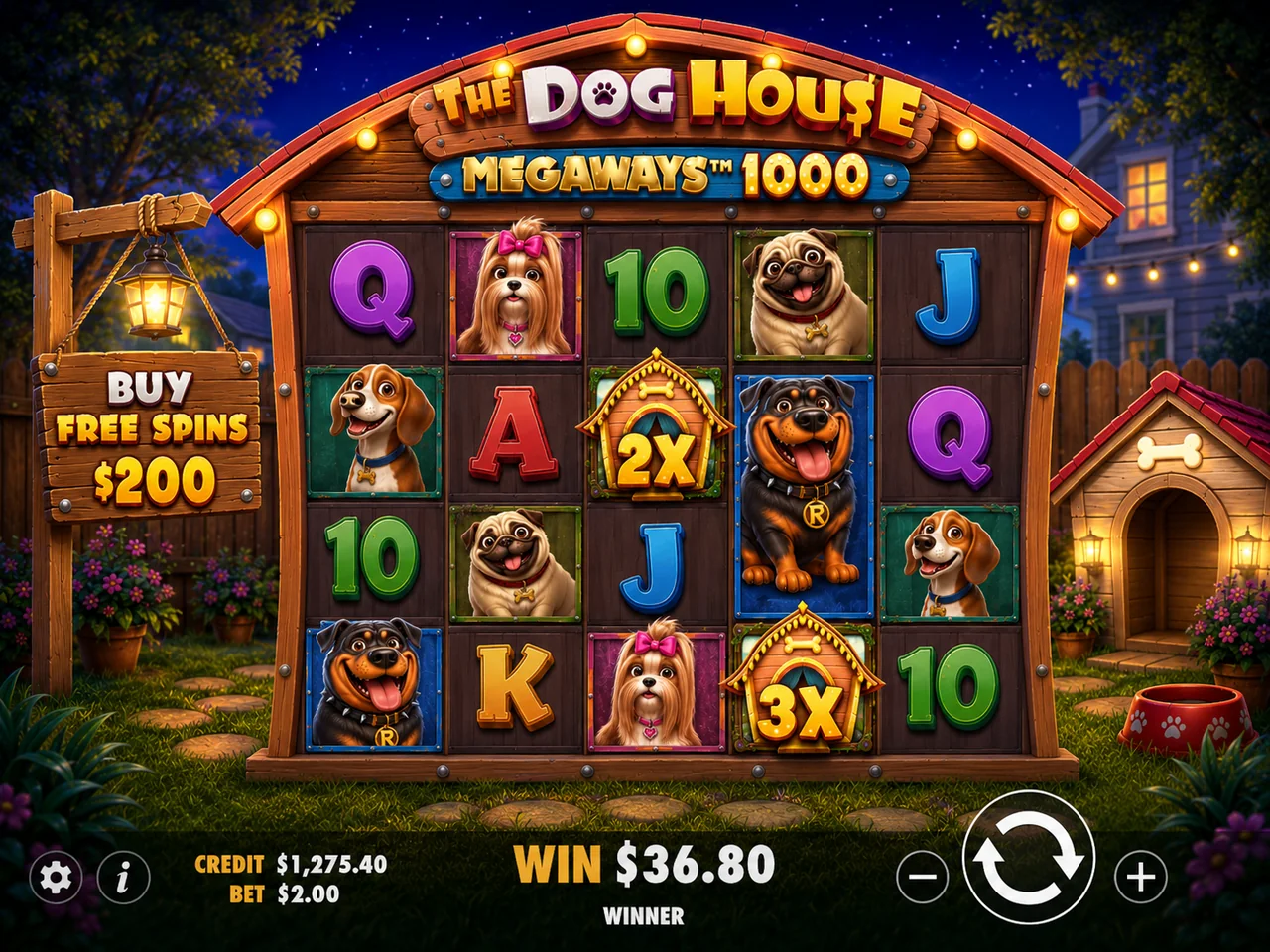 The Dog House Megaways 1000 base game interface The Dog House Megaways 1000 base game reels with multiplier wilds and Buy Free Spins control