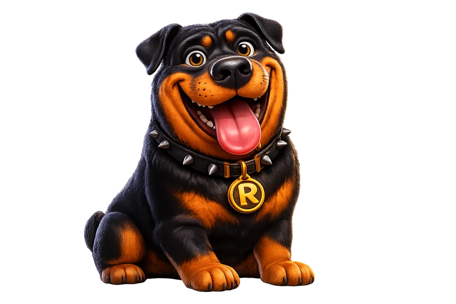 Cheerful rottweiler character from The Dog House Megaways 1000