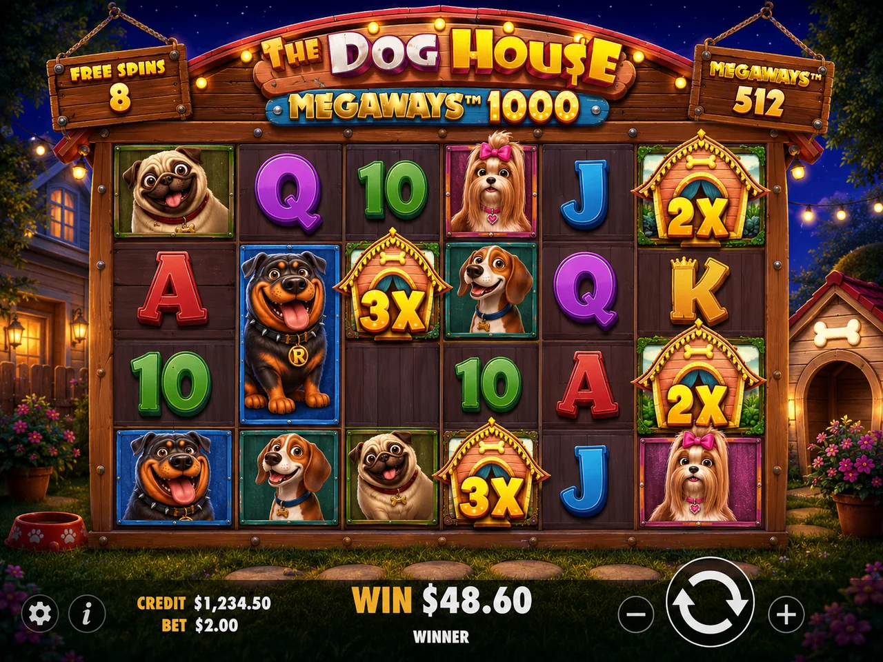 Sticky Wild free spins in The Dog House Megaways 1000 The Dog House Megaways 1000 Sticky Wild free spins with 2x and 3x doghouse multipliers