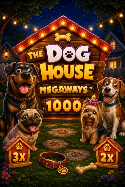 The Dog House Megaways 1000 slot poster with four dogs and multiplier wild doghouses