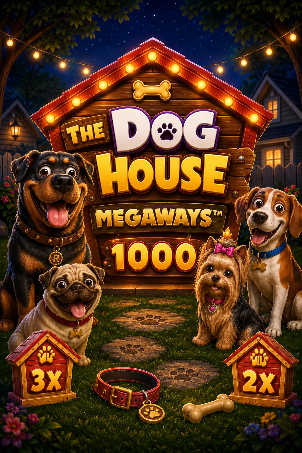 The Dog House Megaways 1000 slot poster The Dog House Megaways 1000 slot poster with four dogs, illuminated kennel and multiplier wilds