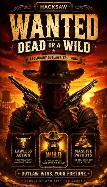 Wanted Dead or a Wild slot poster with a masked outlaw and revolvers
