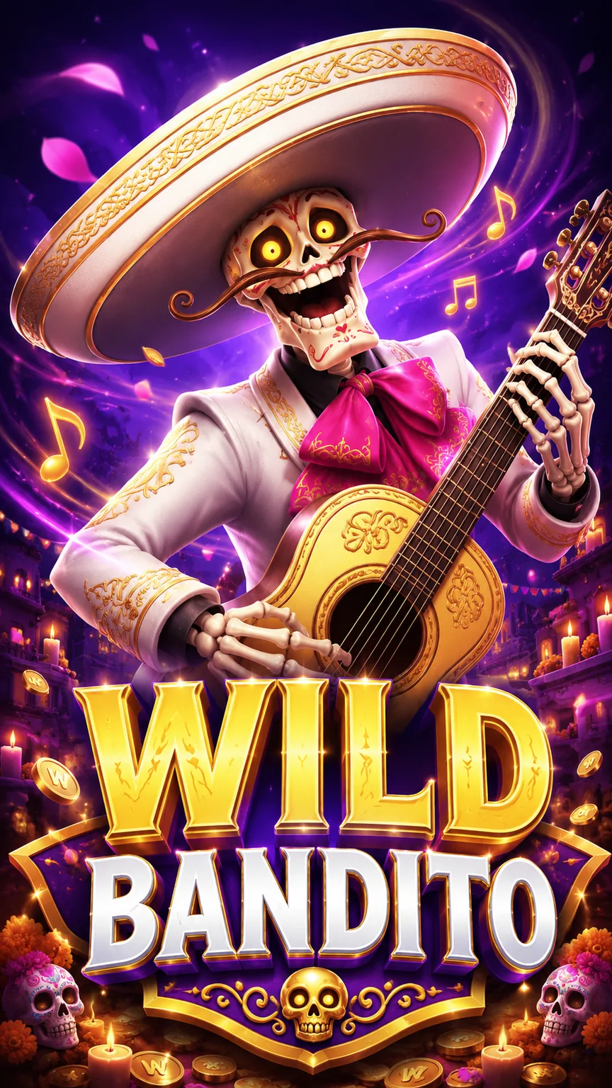 Wild Bandito slot poster with a skeleton mariachi and guitar