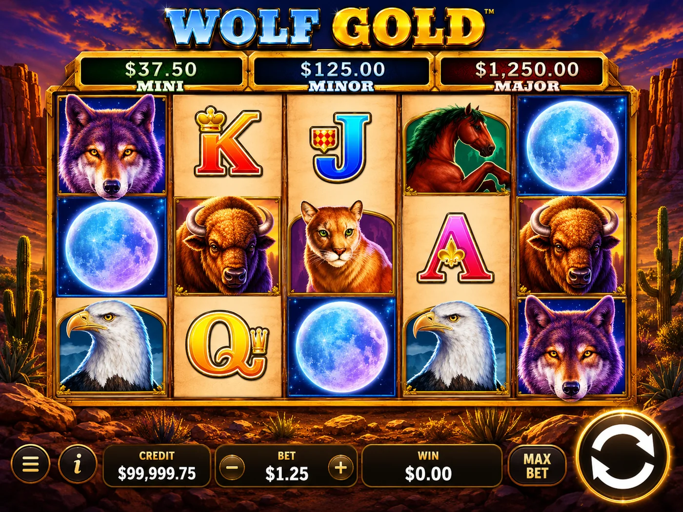 Wolf Gold base game screenshot with 25 paylines and western animal symbols