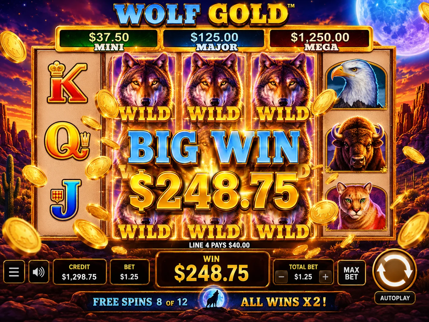 Wolf Gold Money Respin screenshot with moon symbols and jackpots