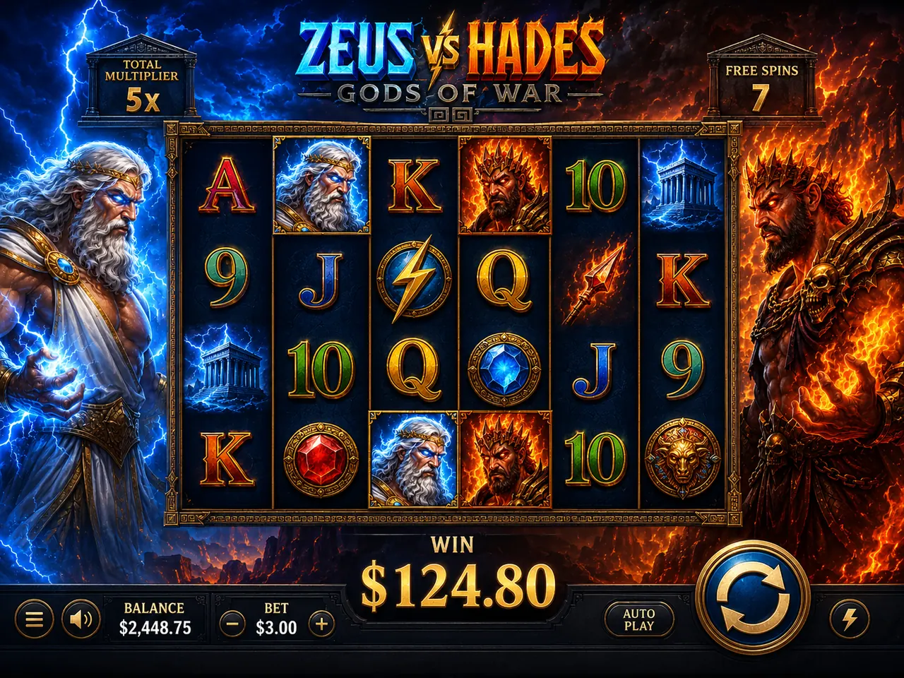 Illustrated Zeus vs Hades base game interface with 5x5 reels