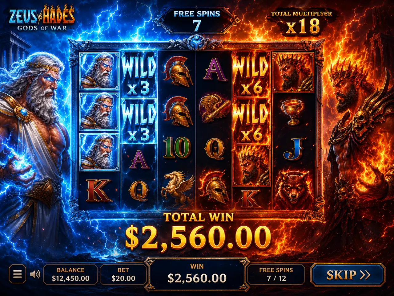 Illustrated Zeus vs Hades gameplay with expanding multiplier Wilds