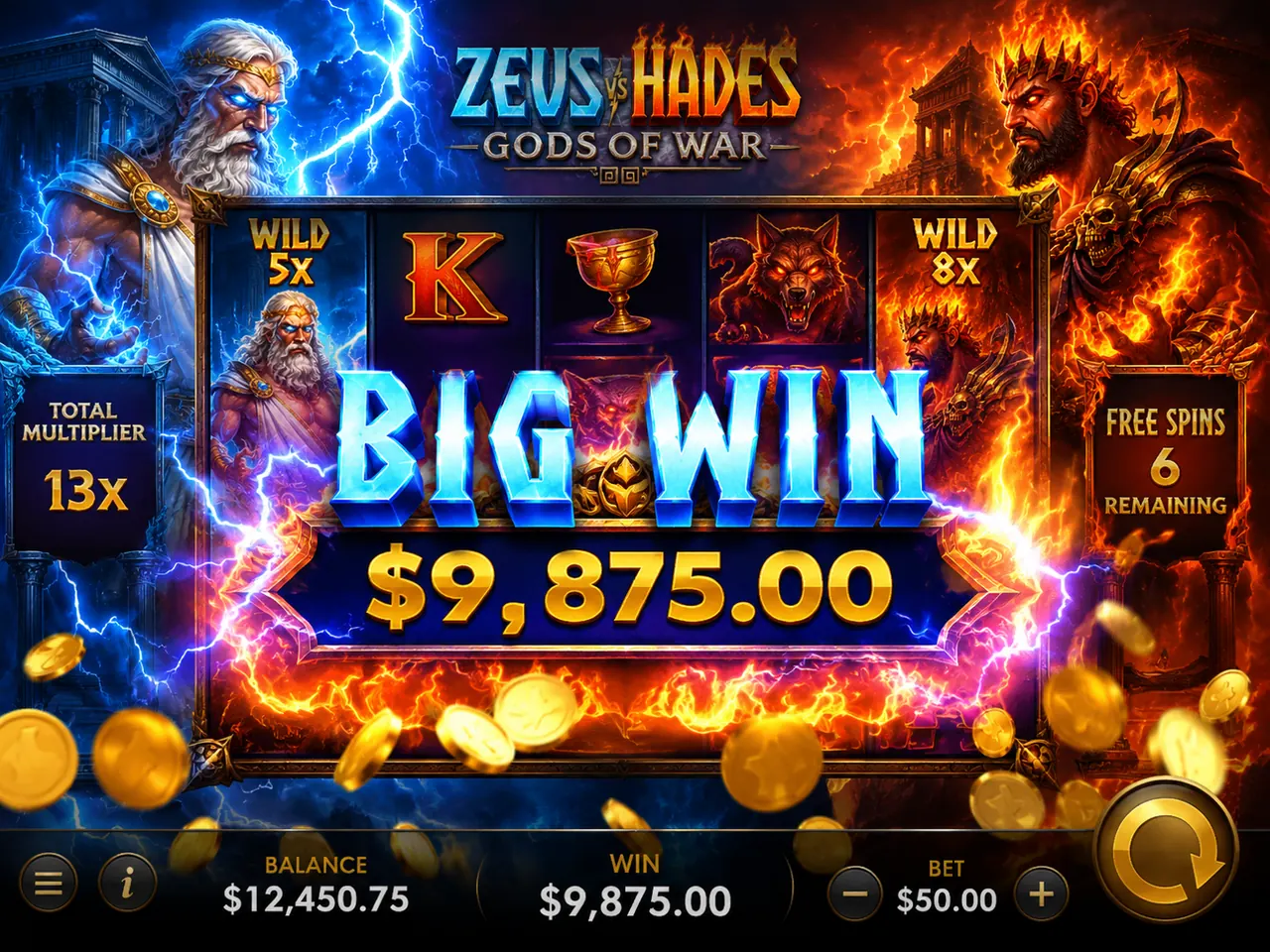 Illustrated Zeus vs Hades Free Spins screen with persistent Wild positions
