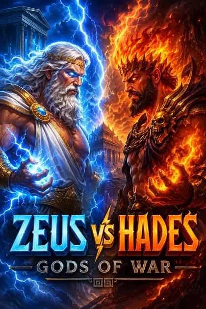 Zeus vs Hades Gods of War slot poster with Zeus, Hades and the 5x5 reels